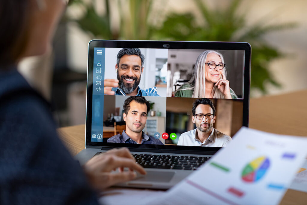 Business team using laptop for a online meeting in video call.